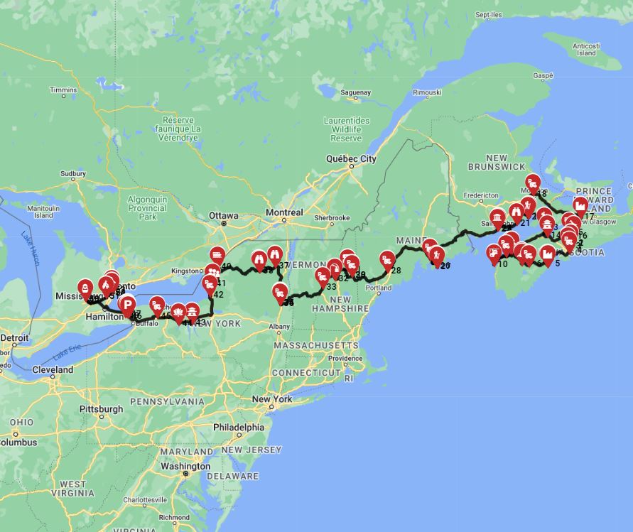 Motorhome trip route wizard for Halifax to Toronto road trip
